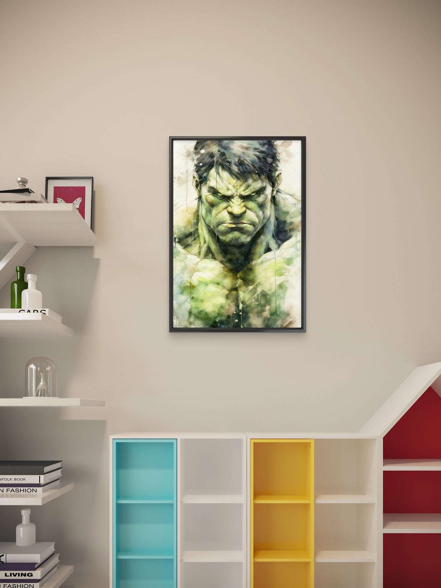 This intense watercolor portrait of The Hulk-Premium-Kids & Whimsical-3D Textured Wall Art | UV Embossed Canvas Wall Frame for Kids room