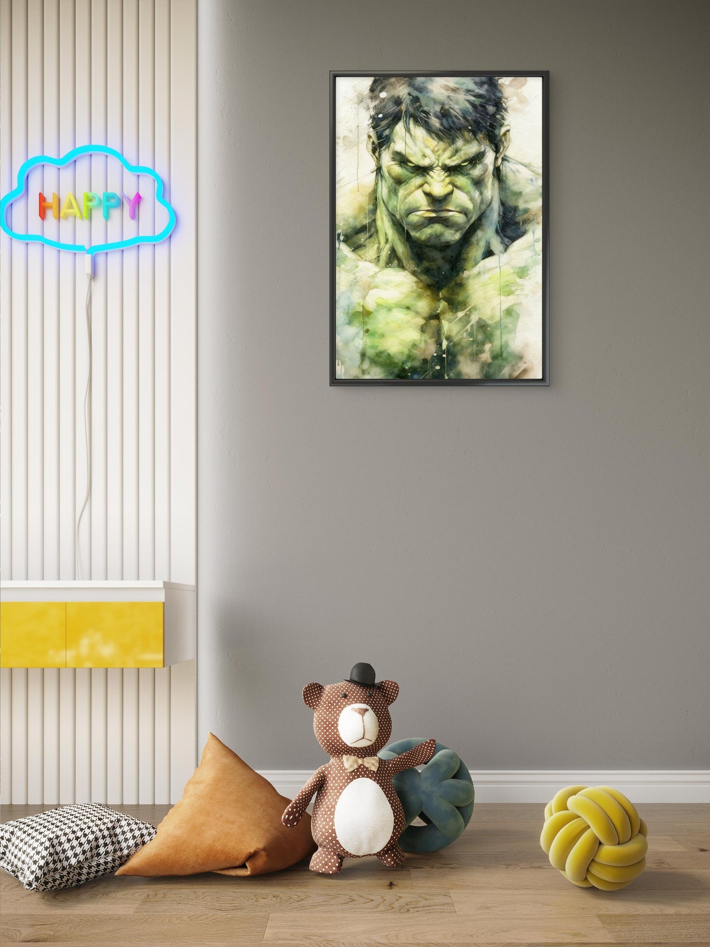 This intense watercolor portrait of The Hulk-Premium-Kids & Whimsical-3D Textured Wall Art | UV Embossed Canvas Wall Frame for Kids room