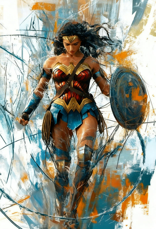 This powerful, abstract-style portrait of Wonder Woman-Premium-Kids & Whimsical-3D Textured Wall Art | UV Embossed Canvas Wall Frame for Kids room,