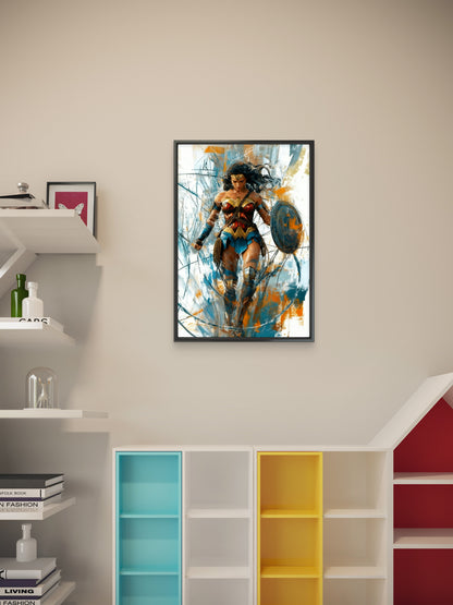 This powerful, abstract-style portrait of Wonder Woman-Premium-Kids & Whimsical-3D Textured Wall Art | UV Embossed Canvas Wall Frame for Kids room,