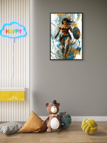 This powerful, abstract-style portrait of Wonder Woman-Premium-Kids & Whimsical-3D Textured Wall Art | UV Embossed Canvas Wall Frame for Kids room,