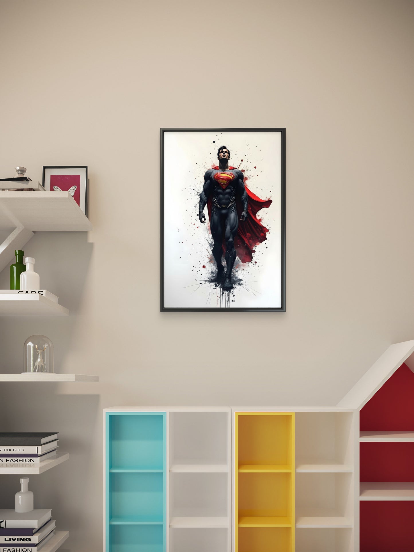 This powerful splash portrait of Superman-Luxury-Kids & Whimsical-3D Textured Wall Art | UV Embossed Canvas Wall Frame for Kids room
