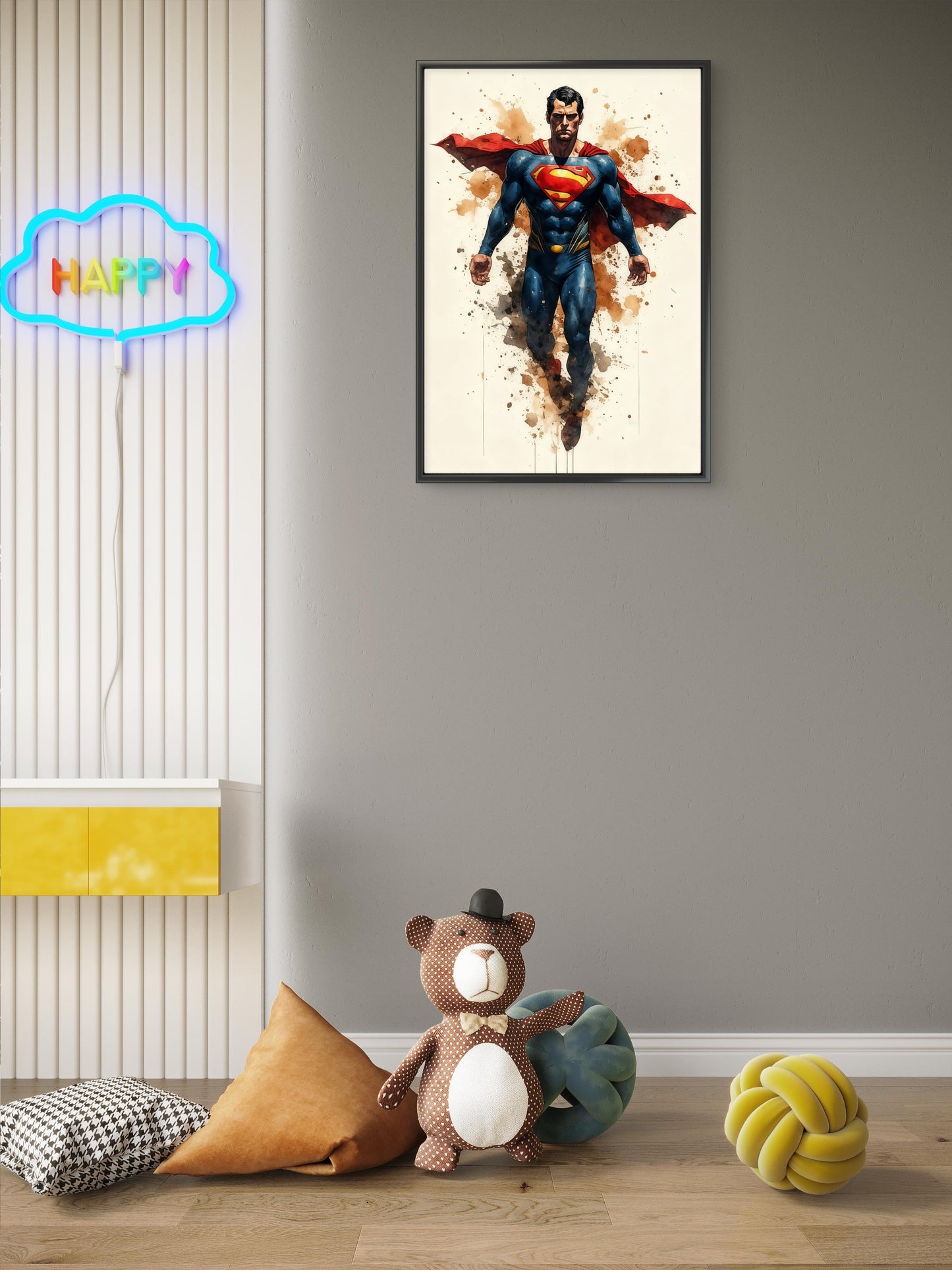 This powerful, abstract-style portrait of Wonderman-Premium-Kids & Whimsical-3D Textured Wall Art | UV Embossed Canvas Wall Frame for Kids room
