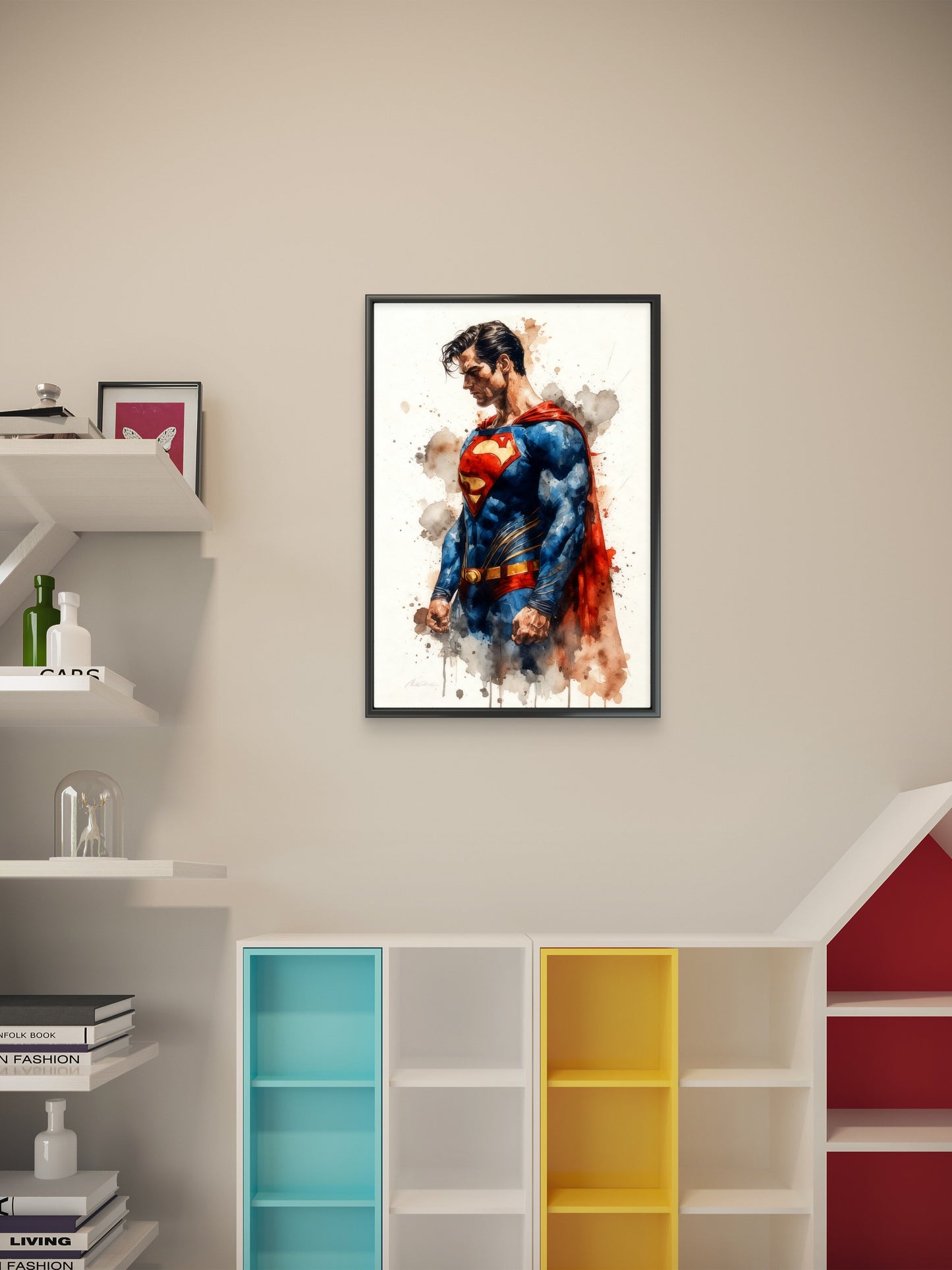 This powerful Superman captures a mood-Luxury-Kids & Whimsical-3D Textured Wall Art | UV Embossed Canvas Wall Frame for Kids room
