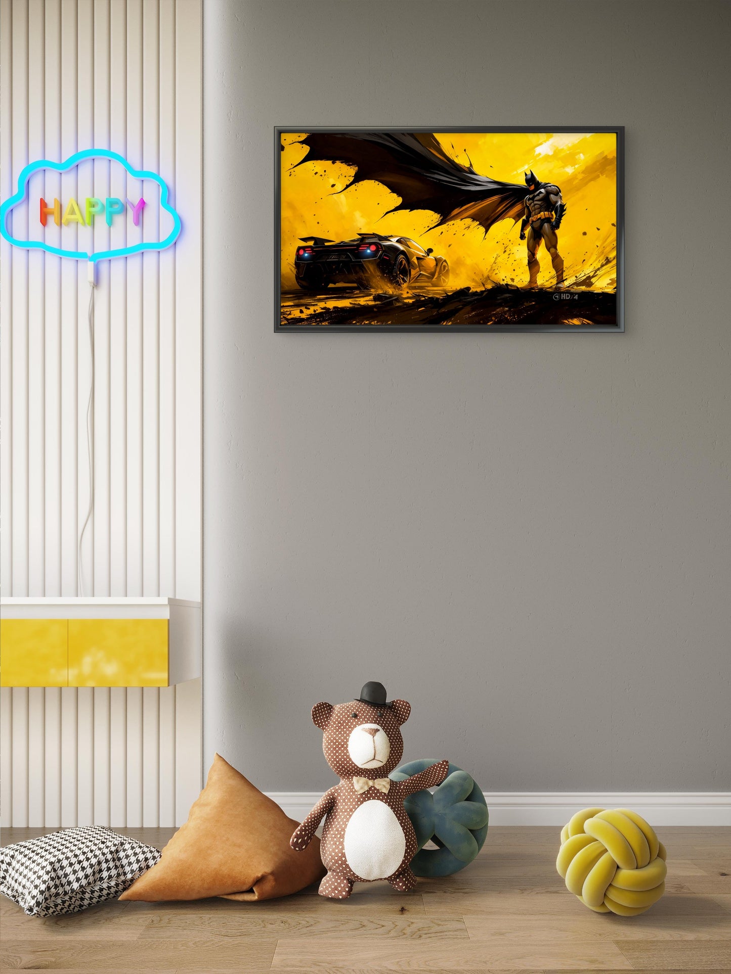 This striking high-contrast  of Batman-Luxury-Kids & Whimsical-3D Textured Wall Art | UV Embossed Canvas Wall Frame for Kids room