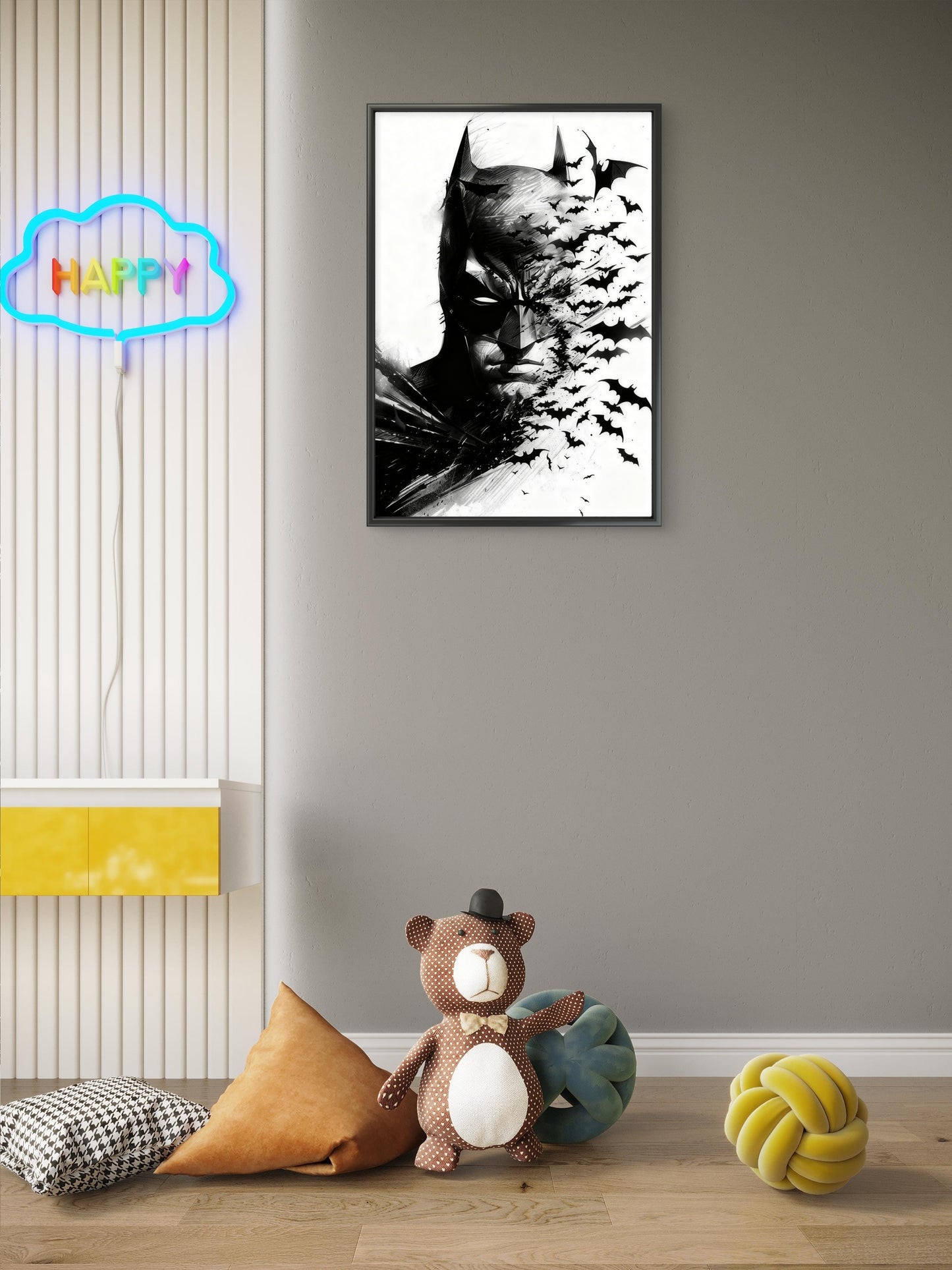 Batman captures a powerful moment of transformation-Premium-Kids & Whimsical-3D Textured Wall Art | UV Embossed Canvas Wall Frame for Kids room
