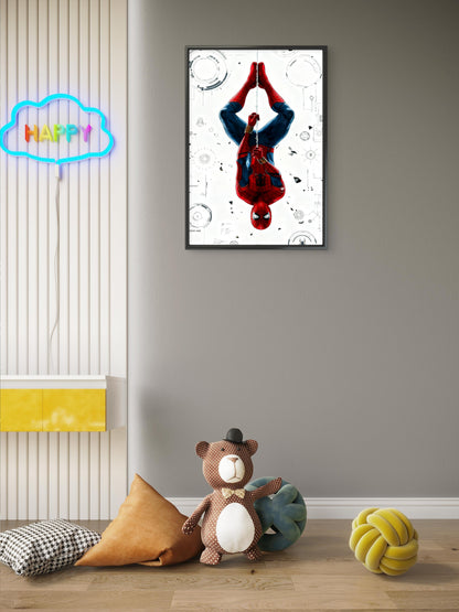 This stylized artwork featuring an upside-down Spider-Man-Luxury-Kids & Whimsical-3D Textured Wall Art | UV Embossed Canvas Wall Frame for Kids room