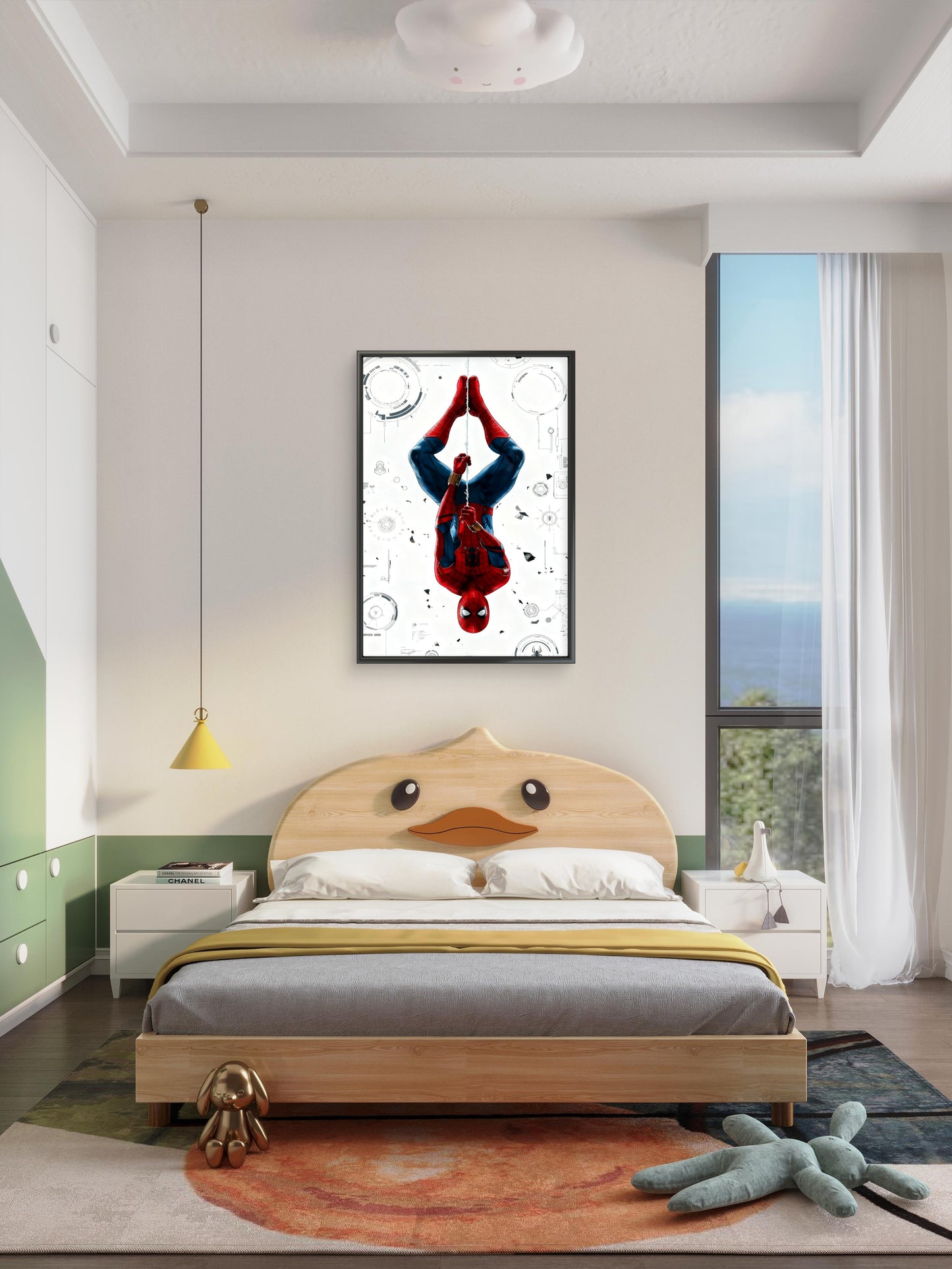 This stylized artwork featuring an upside-down Spider-Man-Luxury-Kids & Whimsical-3D Textured Wall Art | UV Embossed Canvas Wall Frame for Kids room