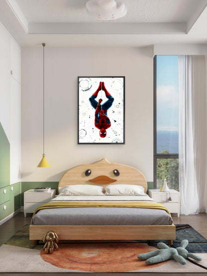 This stylized artwork featuring an upside-down Spider-Man-Luxury-Kids & Whimsical-3D Textured Wall Art | UV Embossed Canvas Wall Frame for Kids room