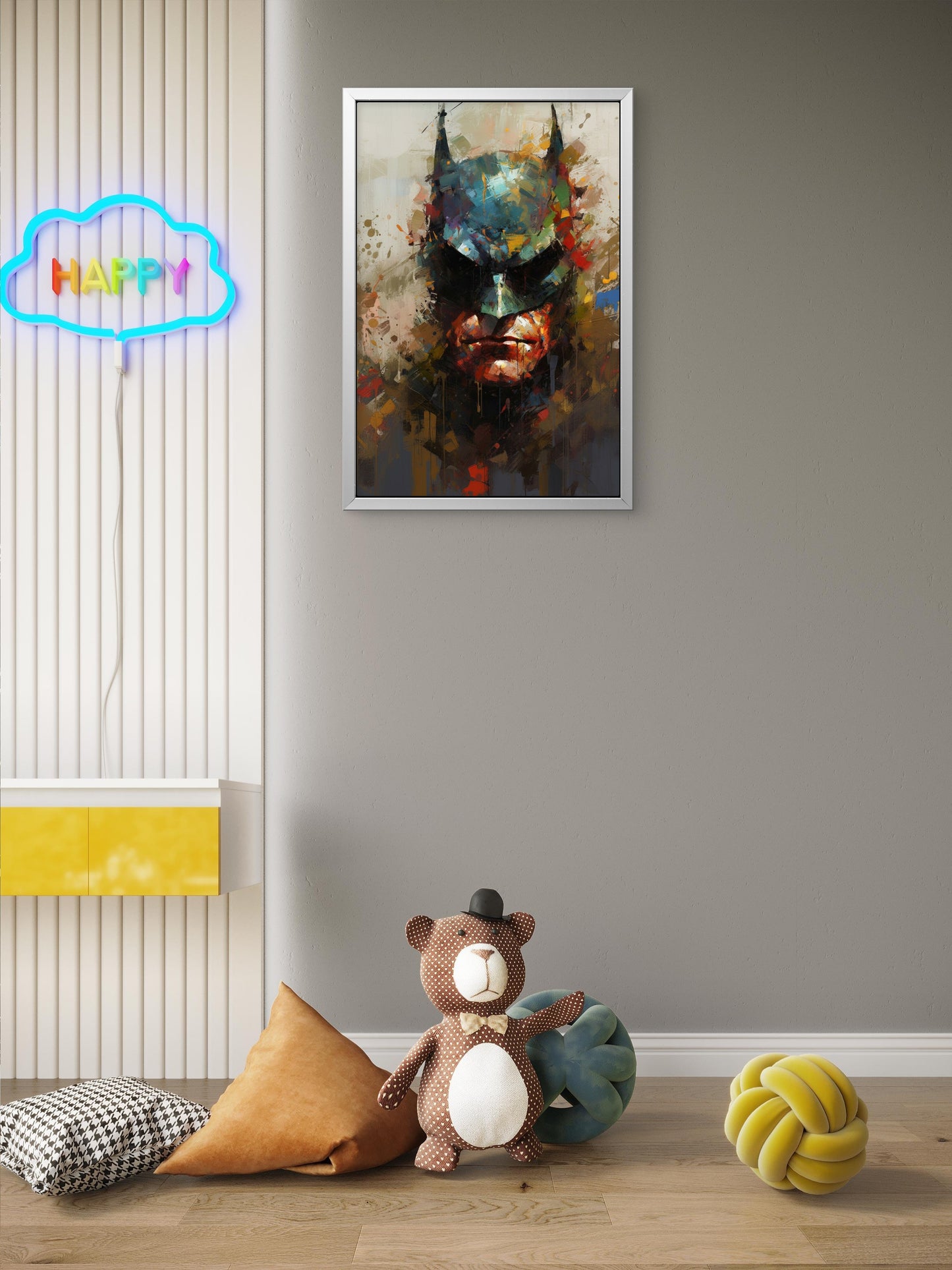 This vibrant, abstract palette-knife of Batman-Premium-Kids & Whimsical-3D Textured Wall Art | UV Embossed Canvas Wall Frame for Kids room
