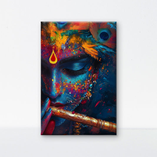 This vibrant, digital-style portrait of Lord Krishna -Luxurious-Spiritual & Mindful 3D Textured Wall Art | UV Printed Embossed Canvas Wall Frame for Prayer room ,Meditation Space