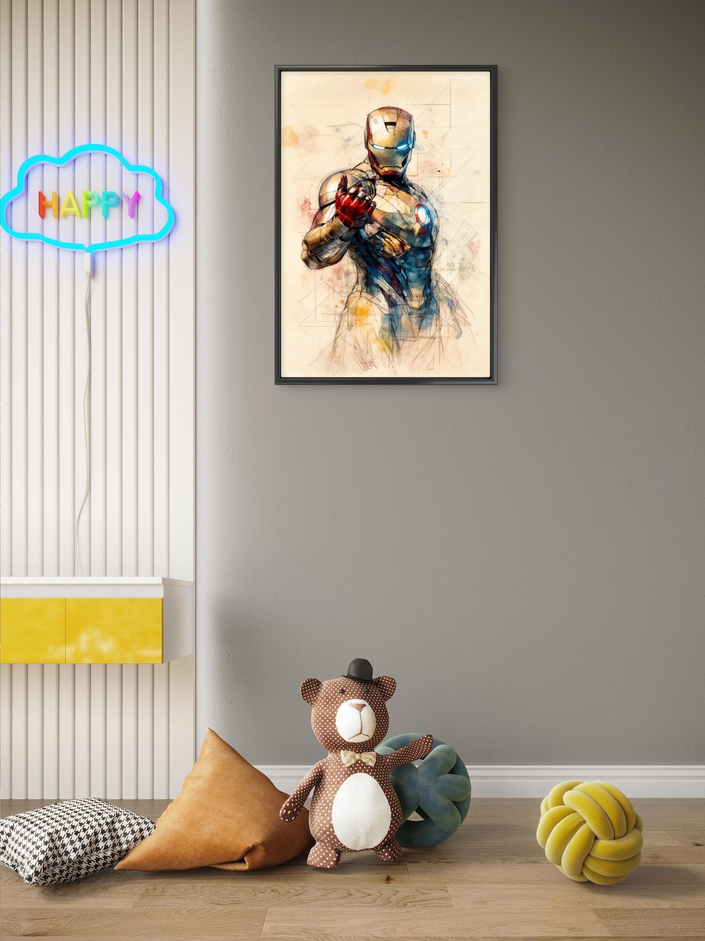 This visually striking artwork of Iron Man-Luxury-Kids & Whimsical-3D Textured Wall Art | UV Embossed Canvas Wall Frame for Kids room