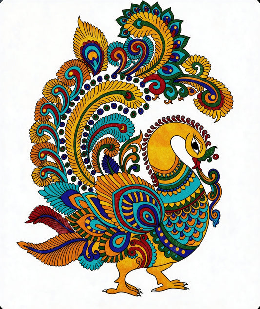 Traditional Indian Peacock Motif-Luxurious-Indian Culture &  Folk Art 3D Textured Wall Art | UV Printed Embossed Canvas Wall Frame for Home Decor,living Room