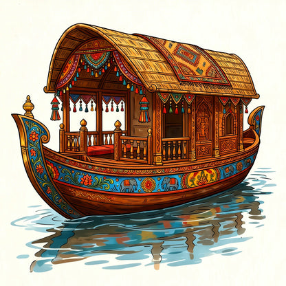 Traditional Kerala Houseboat Mural-Luxurious-Indian Culture &  Folk Art 3D Textured Wall Art | UV Printed Embossed Canvas Wall Frame for Home Decor,living Room