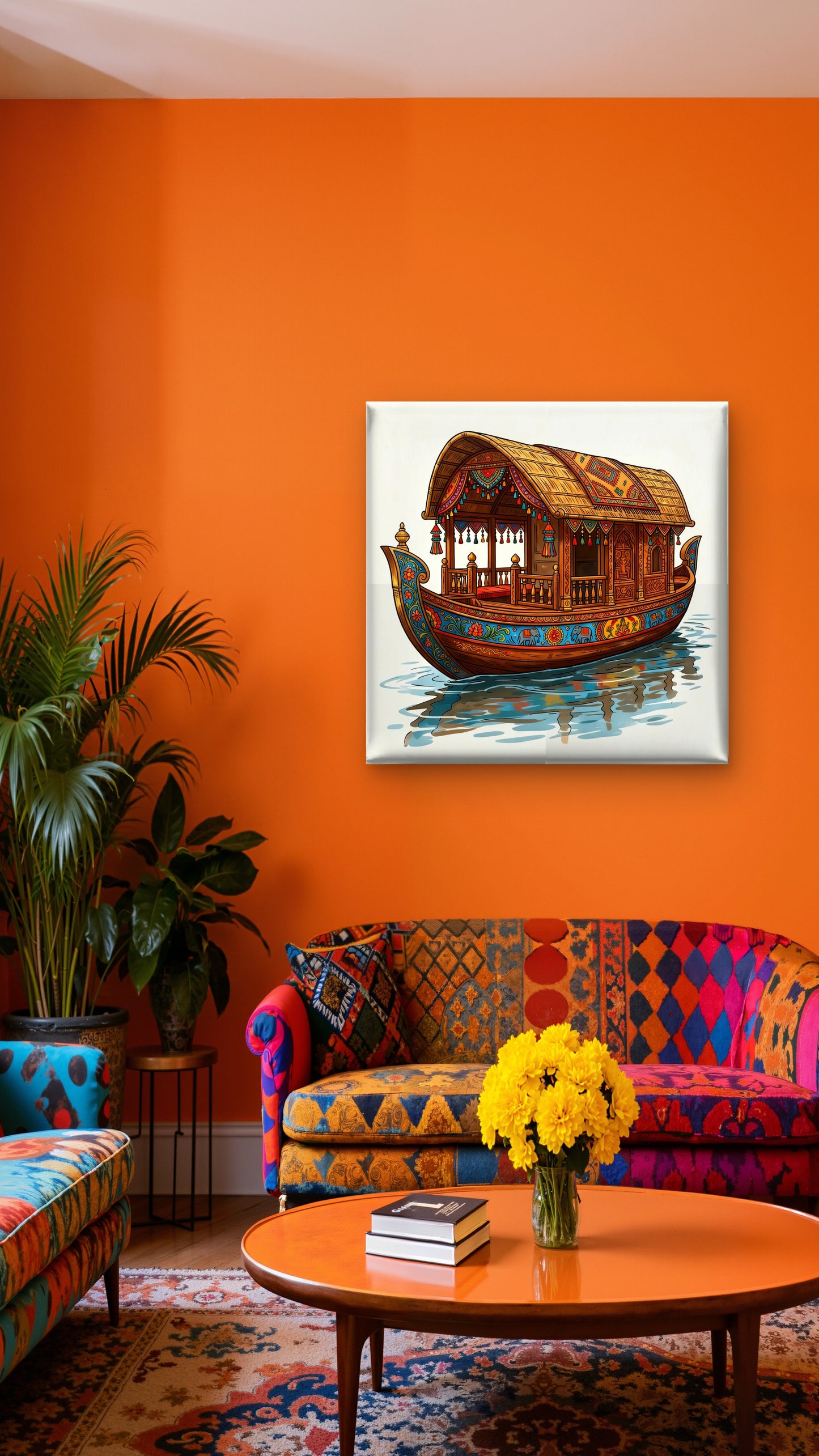 Traditional Kerala Houseboat Mural-Luxurious-Indian Culture &  Folk Art 3D Textured Wall Art | UV Printed Embossed Canvas Wall Frame for Home Decor,living Room