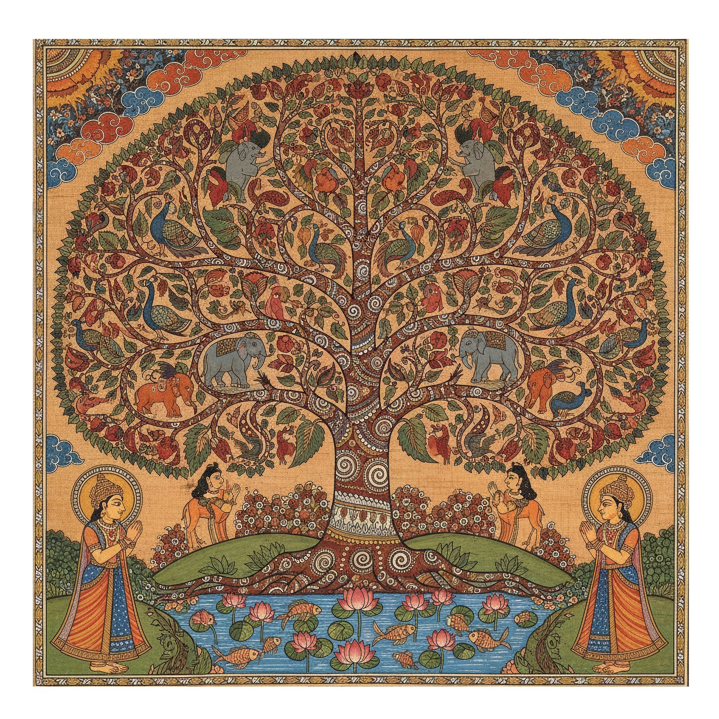 Traditional art like pichwai and kalamkari inspired tree of life-Luxurious-Indian Culture &  Folk Art 3D Textured Wall Art | UV Printed Embossed Canvas Wall Frame for Home Decor,living Room