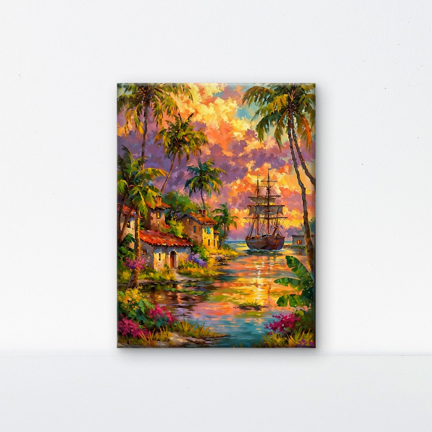 Tropical Harbor at Sunset-Luxurious-Nature and landscape | 3D Textured Wall Art | UV Printed Embossed Canvas Wall Frame for Home Decor,Living Room