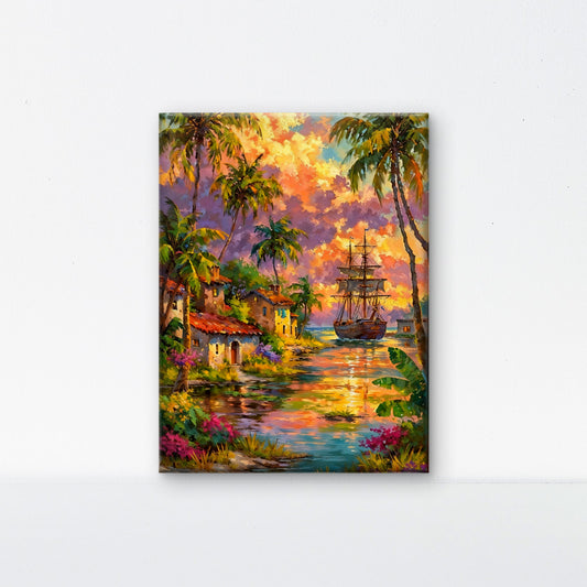 Tropical Harbor at Sunset-Luxurious-Nature and landscape | 3D Textured Wall Art | UV Printed Embossed Canvas Wall Frame for Home Decor,Living Room
