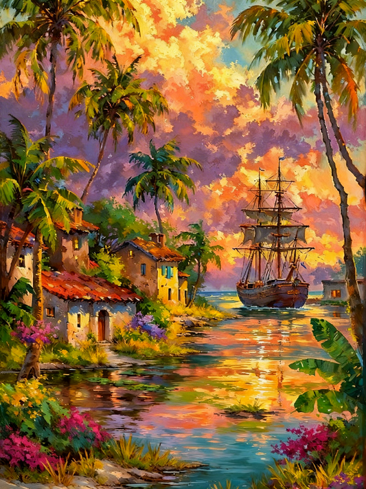 Tropical Harbor at Sunset-Luxurious-Nature and landscape | 3D Textured Wall Art | UV Printed Embossed Canvas Wall Frame for Home Decor,Living Room