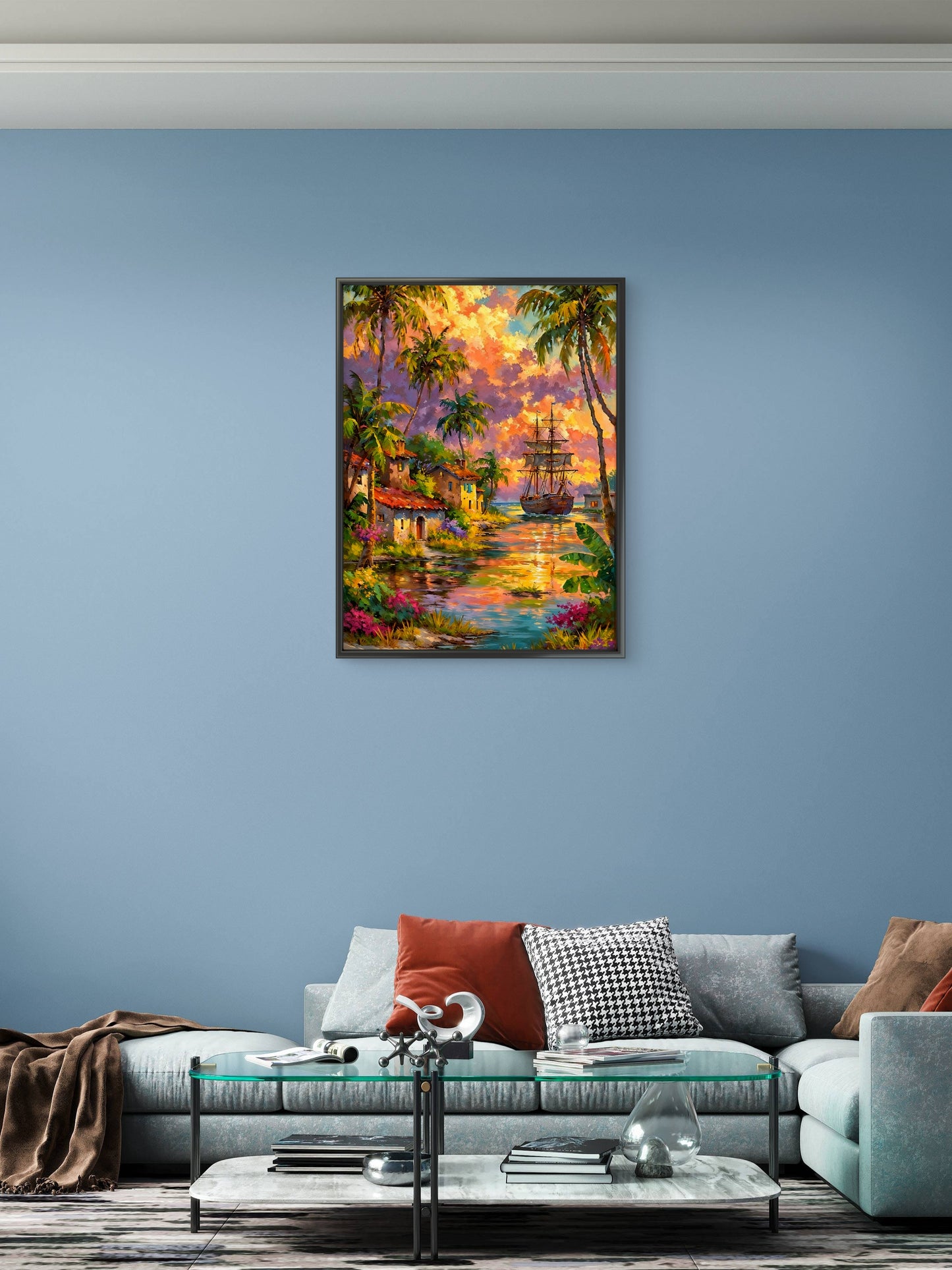 Tropical Harbor at Sunset-Luxurious-Nature and landscape | 3D Textured Wall Art | UV Printed Embossed Canvas Wall Frame for Home Decor,Living Room