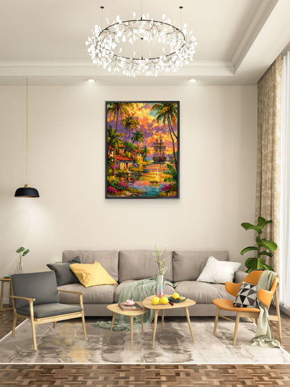 Tropical Harbor at Sunset-Luxurious-Nature and landscape | 3D Textured Wall Art | UV Printed Embossed Canvas Wall Frame for Home Decor,Living Room