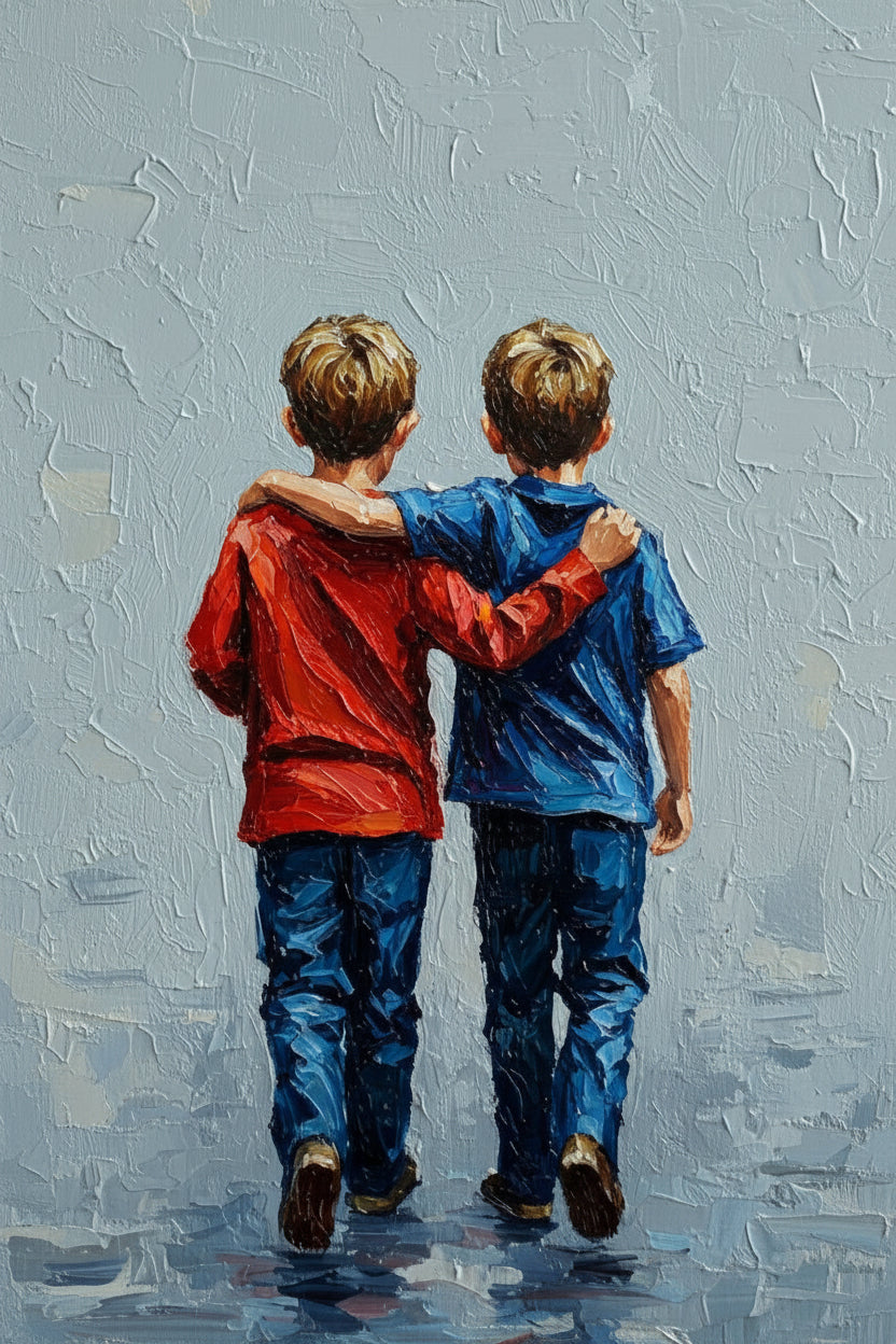 Two Young Boys Holding Hands Walking-Luxury-Kids & Whimsical-3D Textured Wall Art | UV Embossed Canvas Wall Frame for Kids room