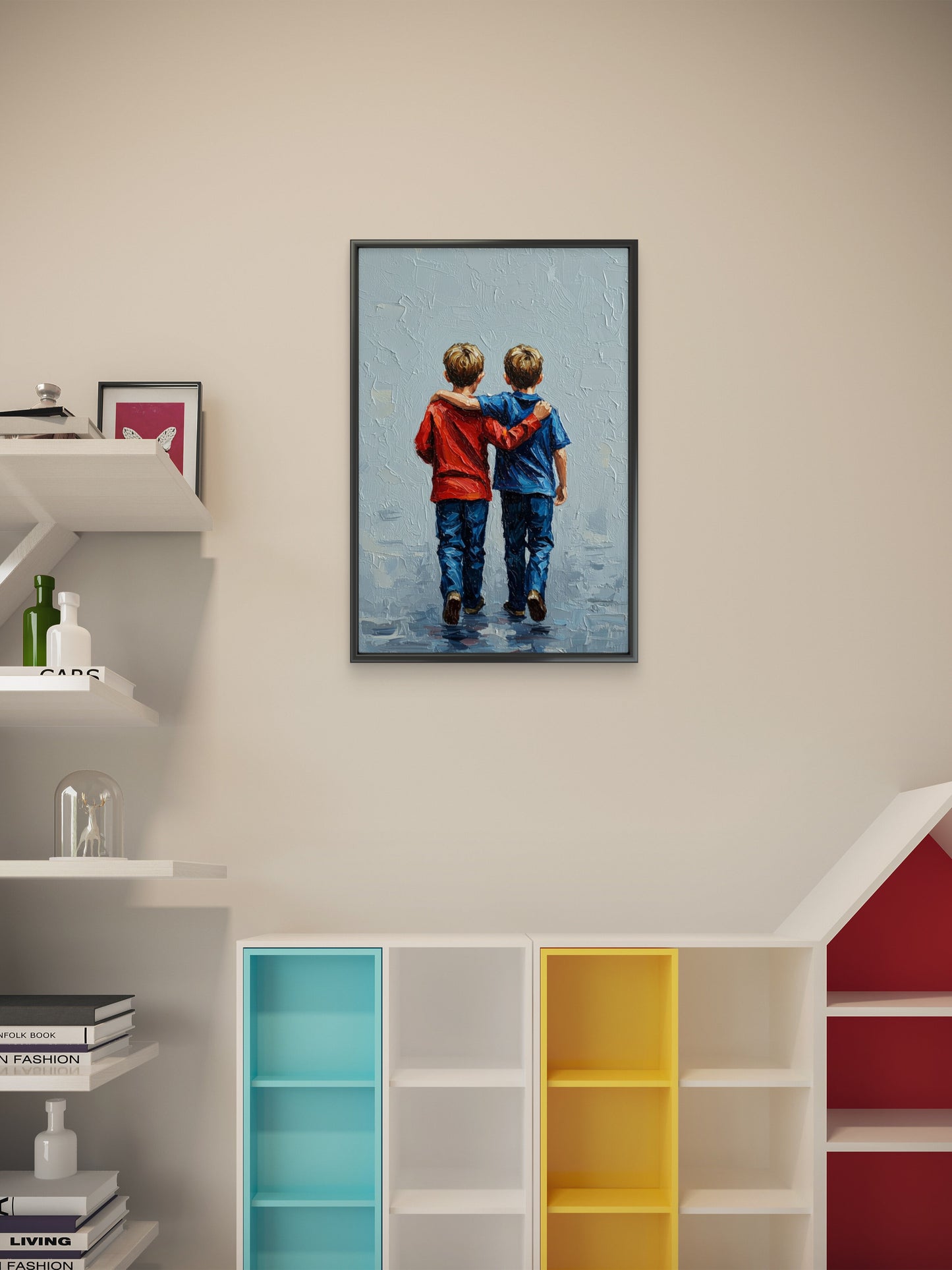 Two Young Boys Holding Hands Walking-Luxury-Kids & Whimsical-3D Textured Wall Art | UV Embossed Canvas Wall Frame for Kids room