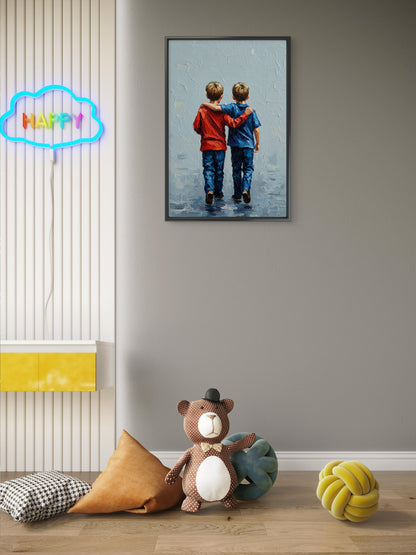 Two Young Boys Holding Hands Walking-Luxury-Kids & Whimsical-3D Textured Wall Art | UV Embossed Canvas Wall Frame for Kids room