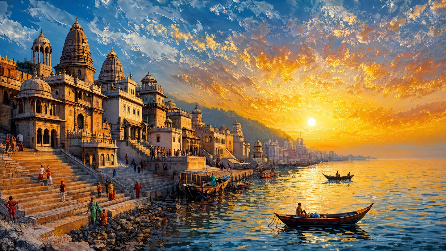 Celestial Varanasi-Luxurious-Indian Culture &  Folk Art 3D Textured Wall Art | UV Printed Embossed Canvas Wall Frame for Home Decor,living Room
