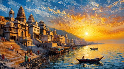 Celestial Varanasi-Luxurious-Indian Culture &  Folk Art 3D Textured Wall Art | UV Printed Embossed Canvas Wall Frame for Home Decor,living Room