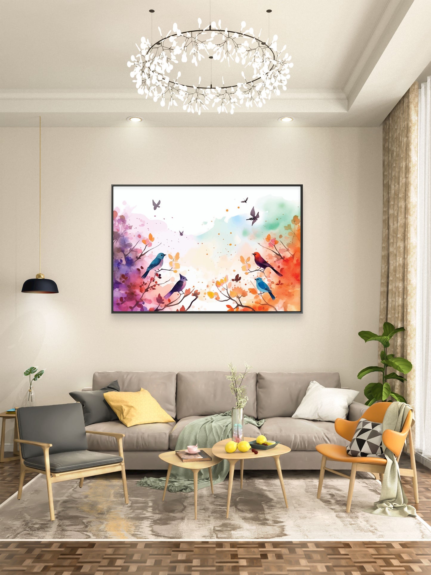 Color leaves Trees With flying Bird Premium-Floral & Botanical-3D Textured Wall Art | UV Embossed Canvas Wall Frame for home decor and bed room