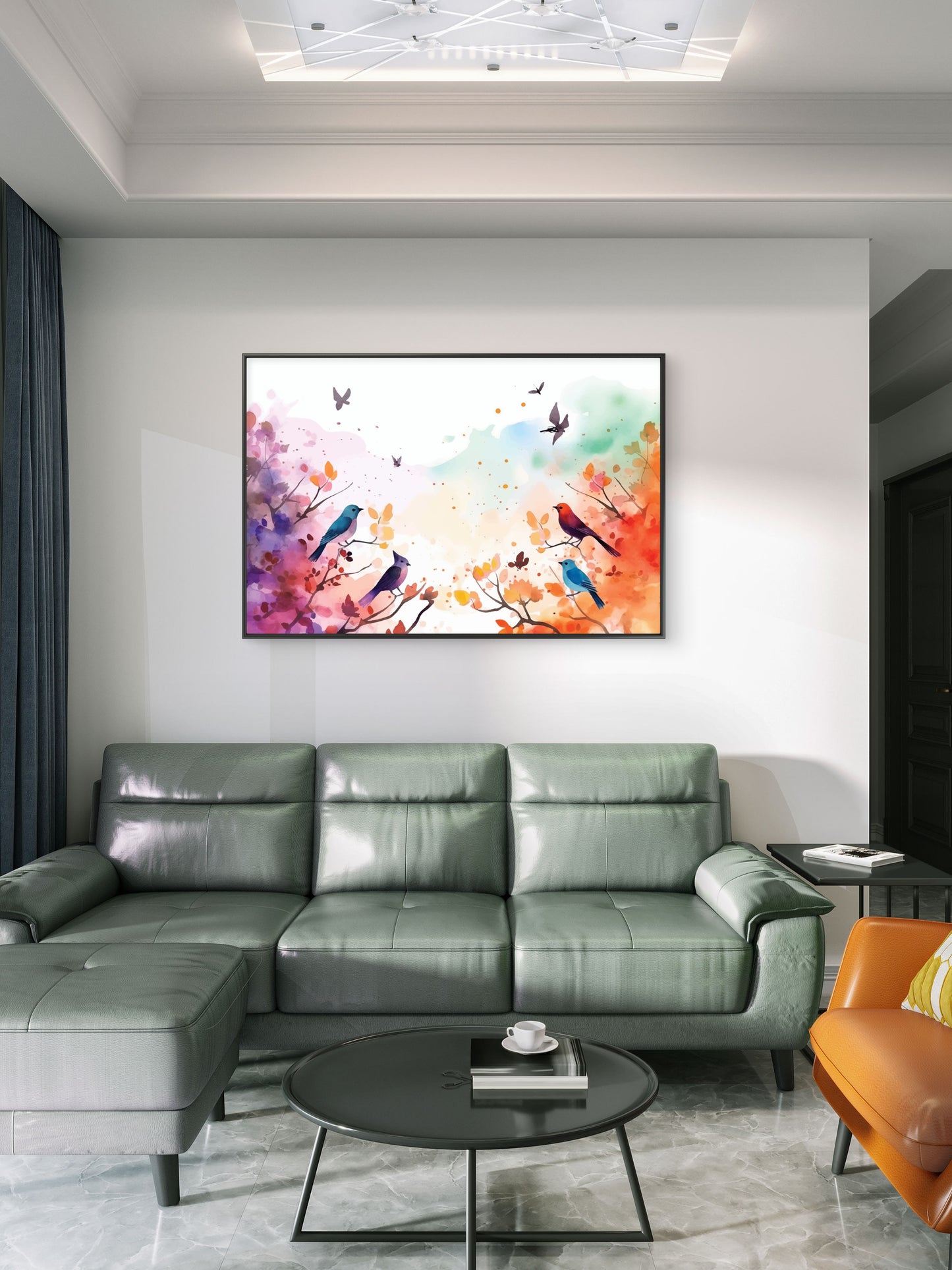 Color leaves Trees With flying Bird Premium-Floral & Botanical-3D Textured Wall Art | UV Embossed Canvas Wall Frame for home decor and bed room