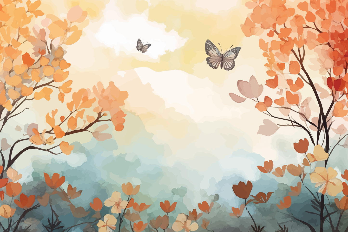 Color leaves Trees With Butterfly Premium-Floral & Botanical-3D Textured Wall Art | UV Embossed Canvas Wall Frame for home decor and bed room