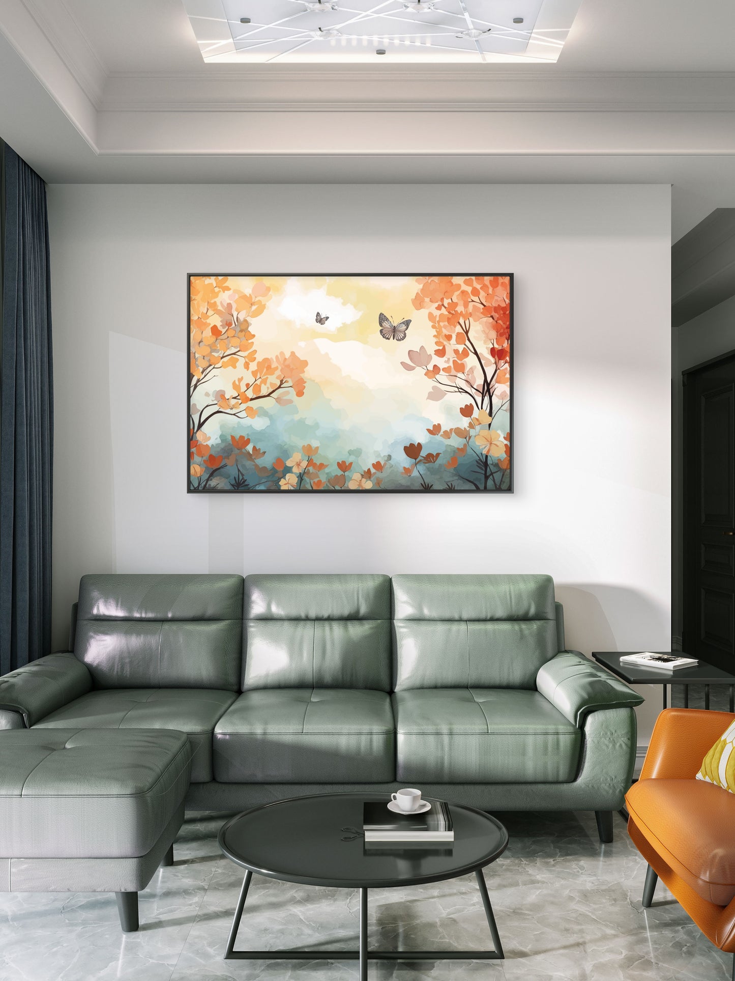 Color leaves Trees With Butterfly Premium-Floral & Botanical-3D Textured Wall Art | UV Embossed Canvas Wall Frame for home decor and bed room