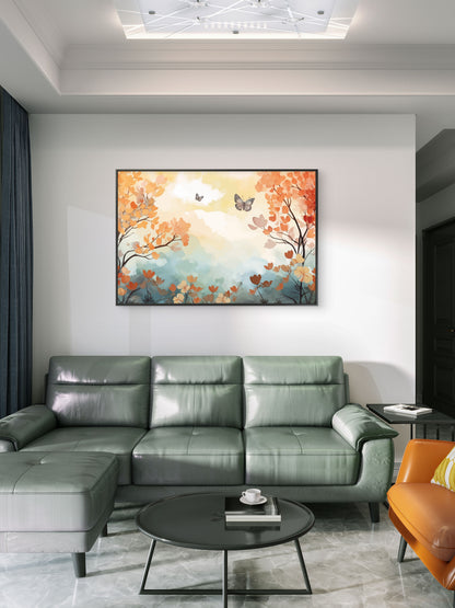 Color leaves Trees With Butterfly Premium-Floral & Botanical-3D Textured Wall Art | UV Embossed Canvas Wall Frame for home decor and bed room