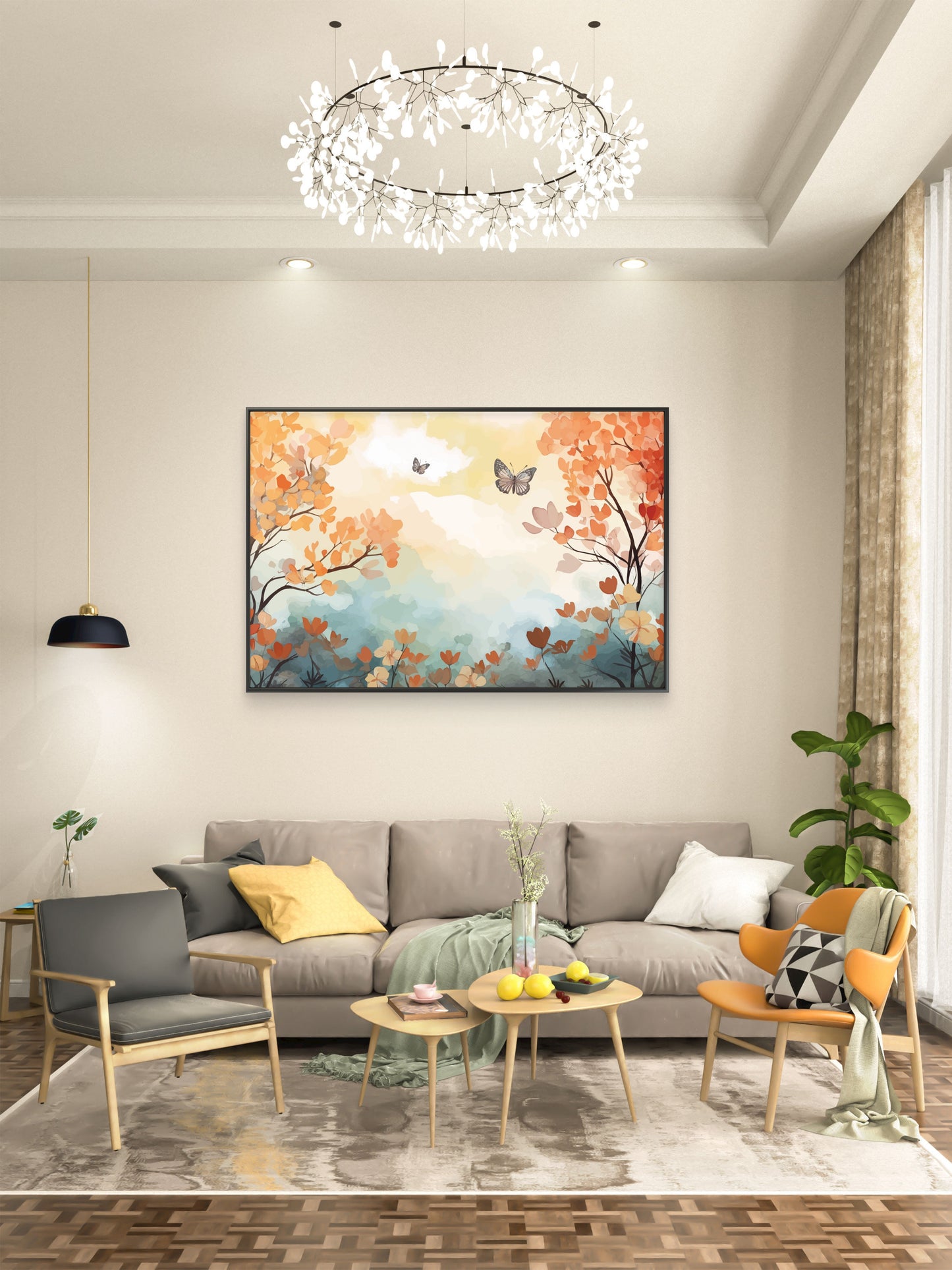 Color leaves Trees With Butterfly Premium-Floral & Botanical-3D Textured Wall Art | UV Embossed Canvas Wall Frame for home decor and bed room