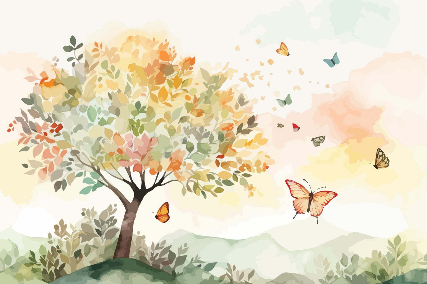 Color leaves Trees With flying Butterfly Premium-Floral & Botanical-3D Textured Wall Art | UV Embossed Canvas Wall Frame for home decor and bed room