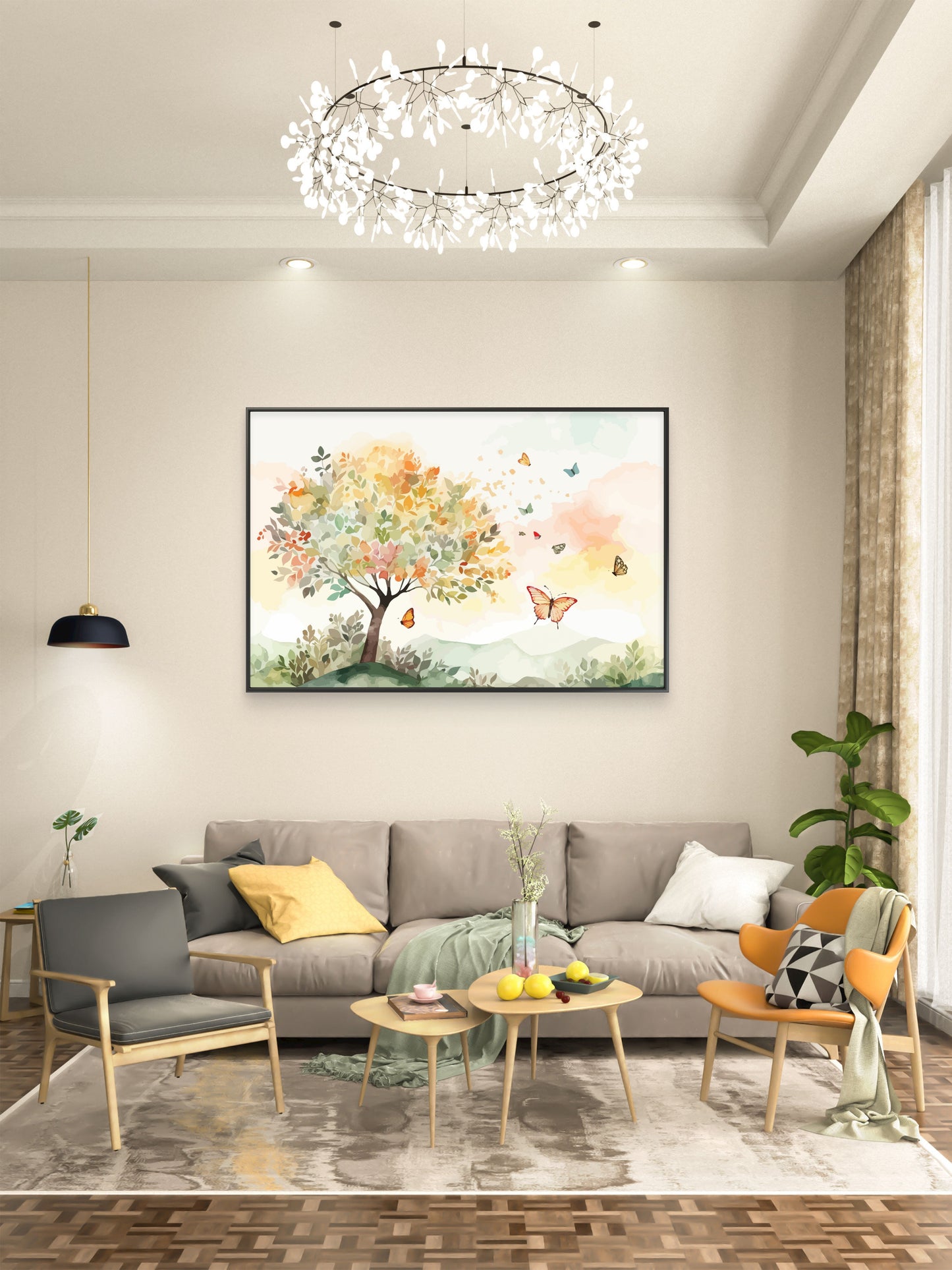Color leaves Trees With flying Butterfly Premium-Floral & Botanical-3D Textured Wall Art | UV Embossed Canvas Wall Frame for home decor and bed room
