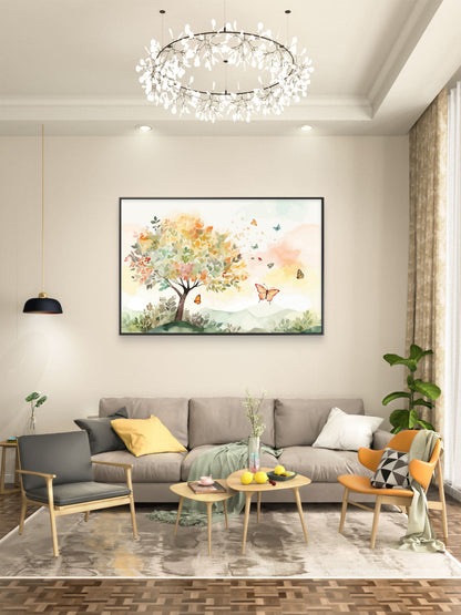 Color leaves Trees With flying Butterfly Premium-Floral & Botanical-3D Textured Wall Art | UV Embossed Canvas Wall Frame for home decor and bed room