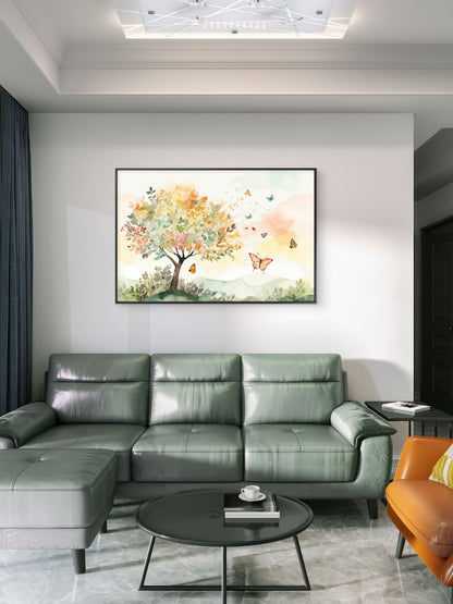 Color leaves Trees With flying Butterfly Premium-Floral & Botanical-3D Textured Wall Art | UV Embossed Canvas Wall Frame for home decor and bed room