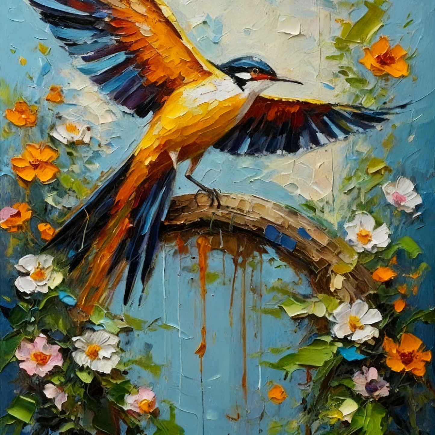 Vibrant Bird on a Flowering Branch-Luxurious-Wildlife & Animals-3D Textured Wall Art | UV Embossed Canvas Wall Frame for Home decor