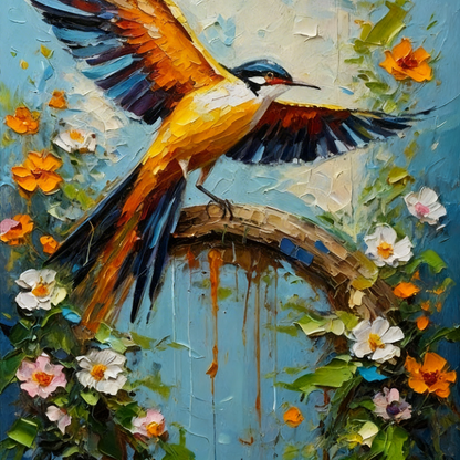 Vibrant Bird on a Flowering Branch-Luxurious-Wildlife & Animals-3D Textured Wall Art | UV Embossed Canvas Wall Frame for Home decor