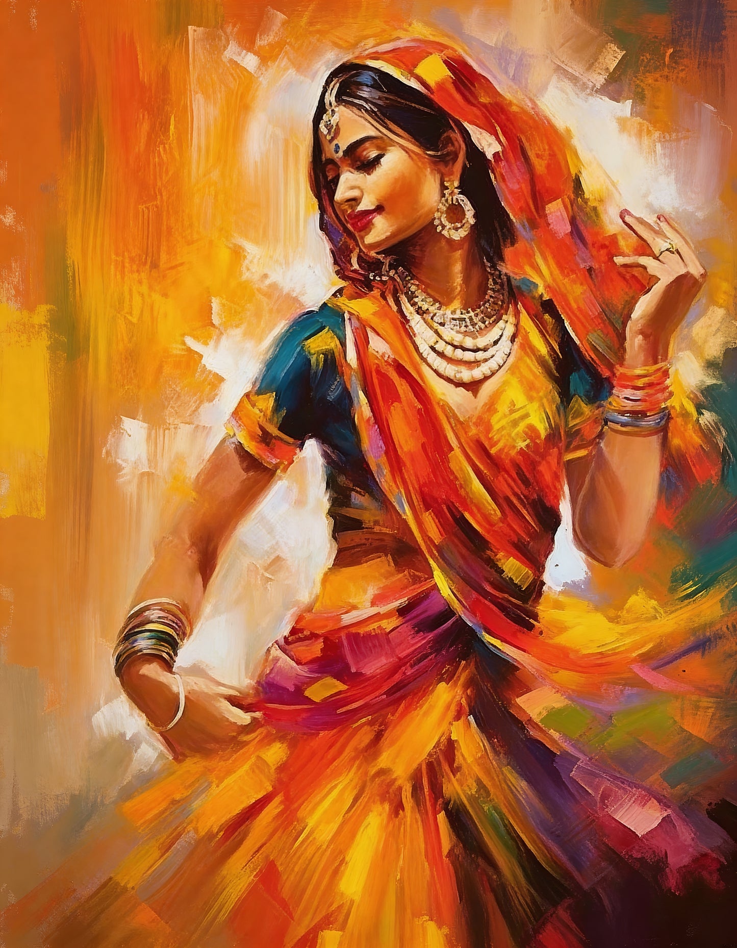 Vibrant_Impressionist_Woman-Luxurious-Indian Culture &  Folk Art 3D Textured Wall Art | UV Printed Embossed Canvas Wall Frame for Home Decor,living Room