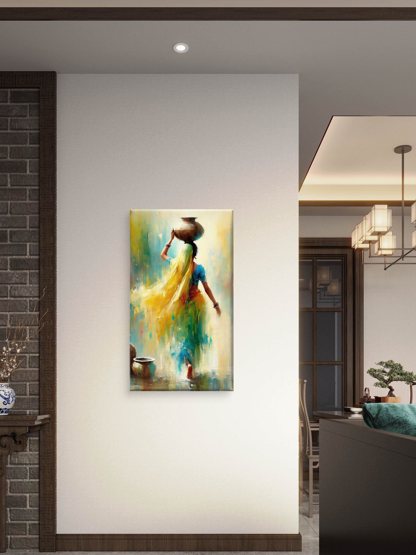 Village Woman_with_Pot-Luxurious-Indian Culture &  Folk Art 3D Textured Wall Art | UV Printed Embossed Canvas Wall Frame for Home Decor,living Room