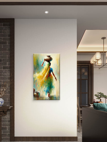 Village Woman_with_Pot-Luxurious-Indian Culture &  Folk Art 3D Textured Wall Art | UV Printed Embossed Canvas Wall Frame for Home Decor,living Room