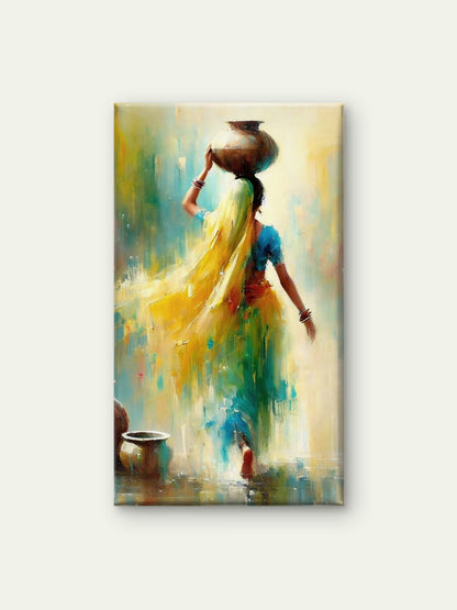Village Woman_with_Pot-Luxurious-Indian Culture &  Folk Art 3D Textured Wall Art | UV Printed Embossed Canvas Wall Frame for Home Decor,living Room