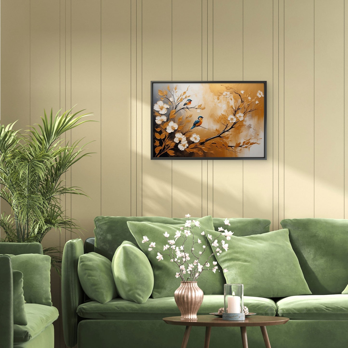 abstract-artistic-background-flowers-branches-animals-gold-canvas-Luxurious-Wildlife & Animals-3D Textured Wall Art | UV Embossed Canvas Wall Frame for Home decor and living room