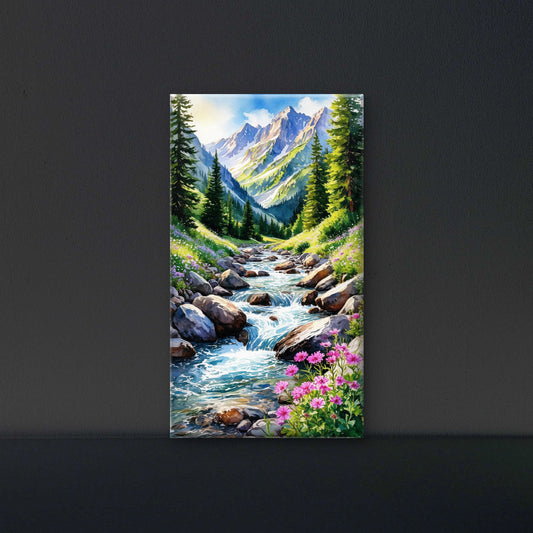 Watercolor Mountain Stream & Wildflowers Luxurious-Nature & Landscapes -3D Textured Wall Art | UV Embossed Canvas Wall Frame for Home decor