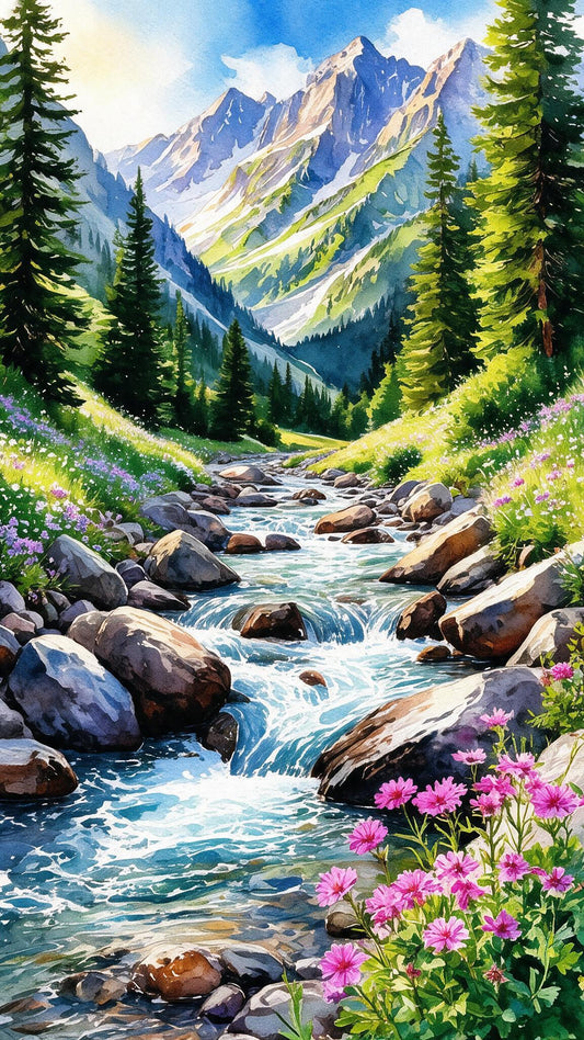 Watercolor Mountain Stream & Wildflowers Luxurious-Nature & Landscapes -3D Textured Wall Art | UV Embossed Canvas Wall Frame for Home decor