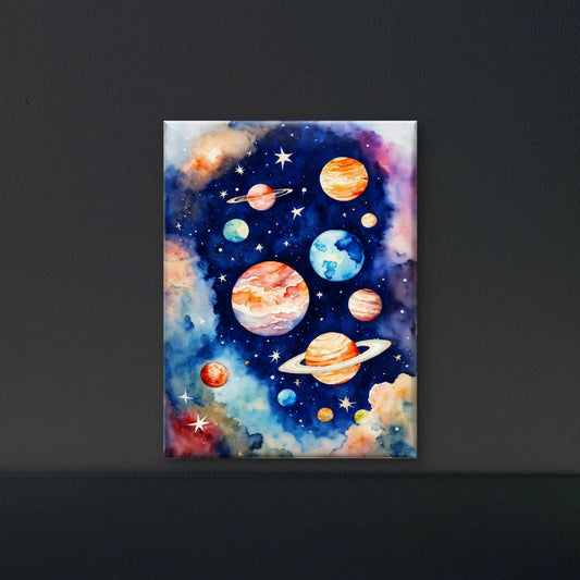 Watercolor Planets and Stars-Luxury-Cosmic & Fantasy-3D Textured Wall Art | UV Embossed Canvas Wall Frame for Kids room and hotel